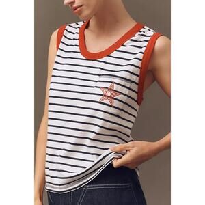 Anthropologie Sundry NWT XS Optic White With Navy Stripe Tank Star‎ Pocket Red